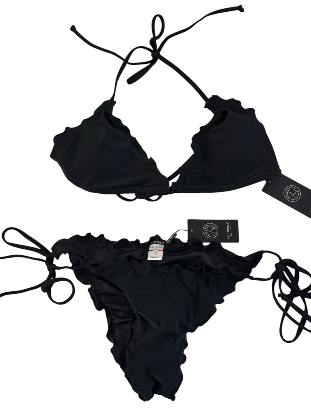 RELLECIGA black bikini NWT pads 2 piece tie sides Paris #7479